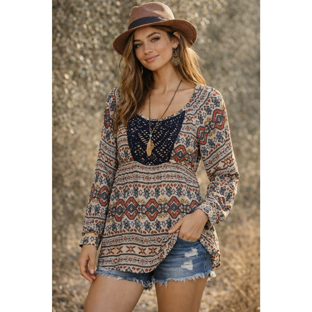 inLUV Bohemian Tribal Print Tunic Blouse Empire Waist Long Sleeves size Large